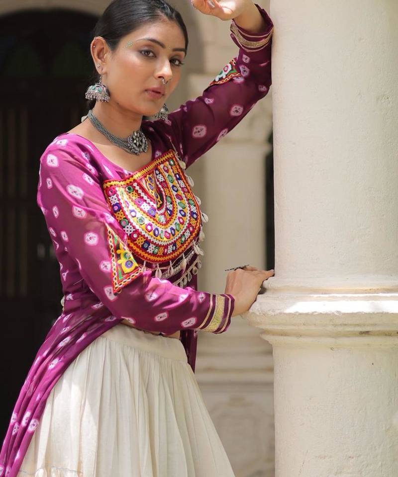 off white cotton poly plain Navratri lehenga choli
