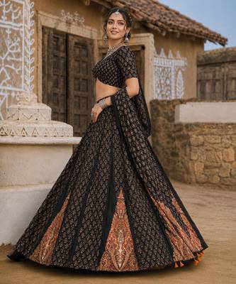 Navratri Ajrakh Print Rayon Lehenga Choli & Blouse With Dupatta 2