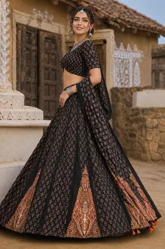 Navratri Ajrakh Print Rayon Lehenga Choli & Blouse With Dupatta