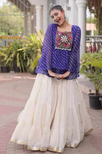 off white cotton poly plain Navratri lehenga choli