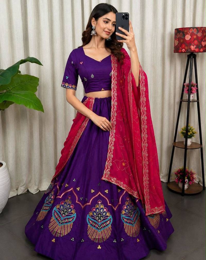 purple silk blend embroidered Navratri lehenga choli