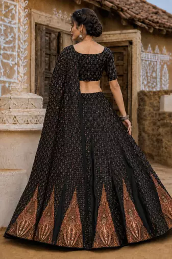 Navratri Ajrakh Print Rayon Lehenga Choli & Blouse With Dupatta