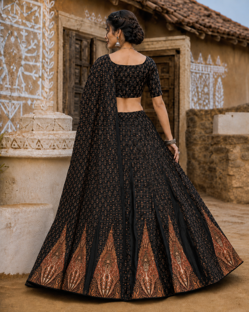 Navratri Ajrakh Print Rayon Lehenga Choli & Blouse With Dupatta