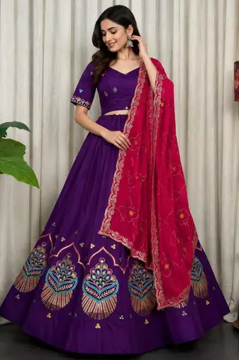 purple silk blend embroidered Navratri lehenga choli