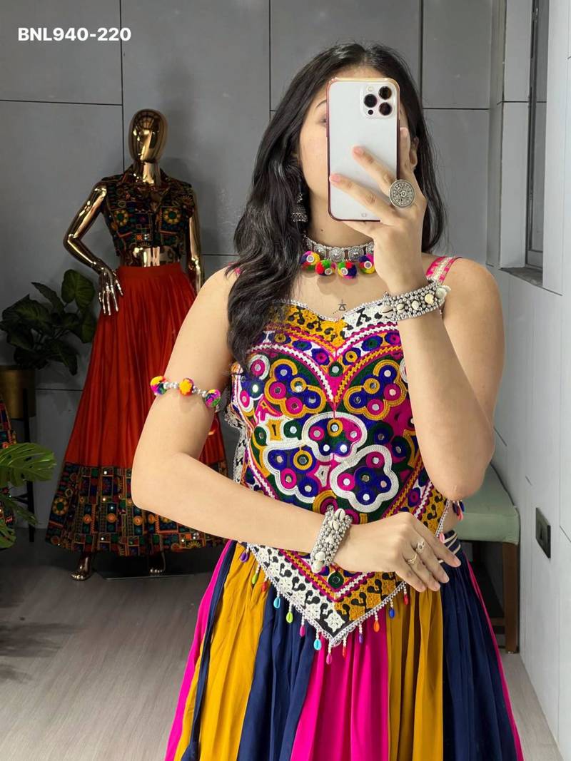 multicolor rayon plain Navratri lehenga choli