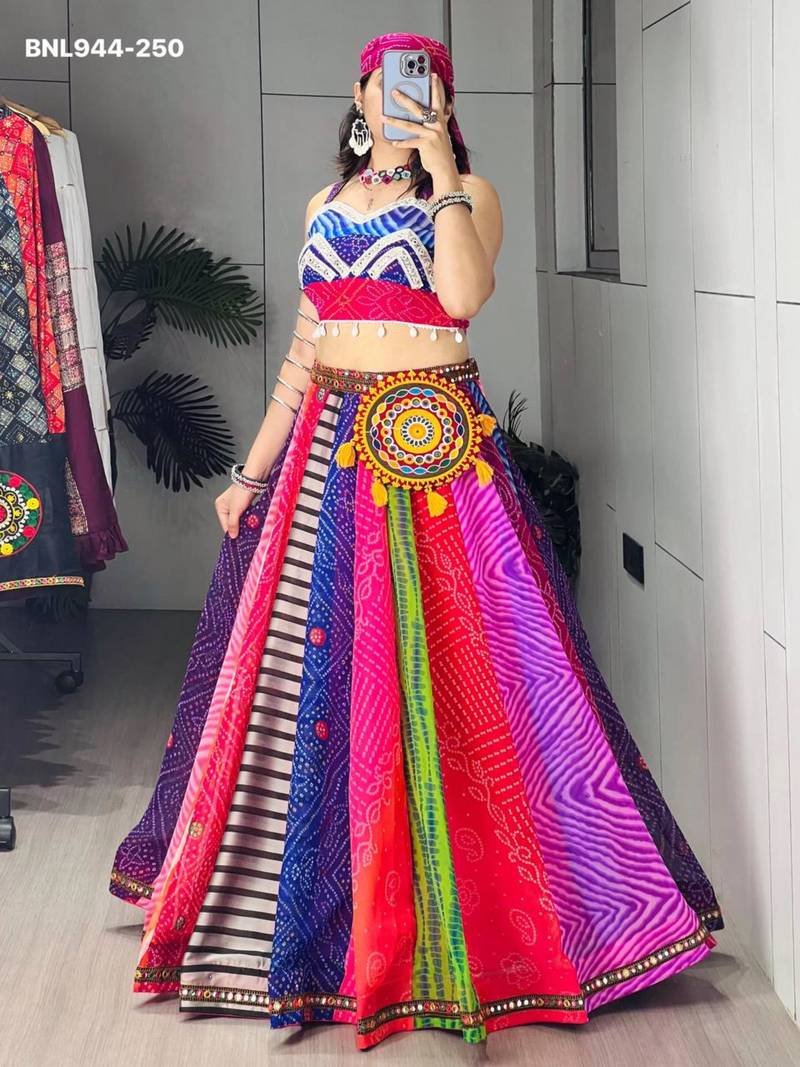 multicolor georgette printed Navratri lehenga choli