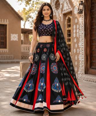 Navratri Ajrakh Print Rayon Lehenga Choli & Blouse With Dupatta 1
