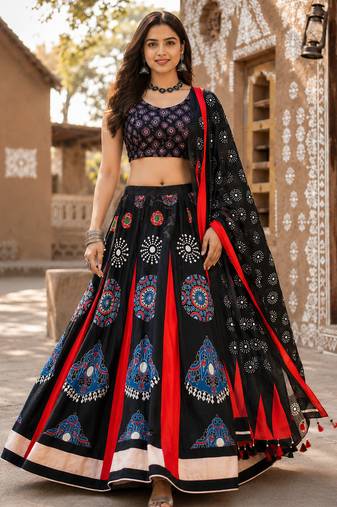 Navratri Ajrakh Print Rayon Lehenga Choli & Blouse With Dupatta