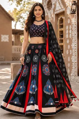 Navratri Ajrakh Print Rayon Lehenga Choli & Blouse With Dupatta