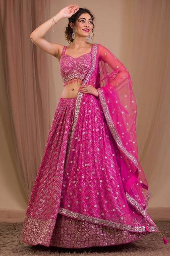 Pink Designer Georgette Sequins Embroidery Work Lehenga with Blouse and Net Dupatta