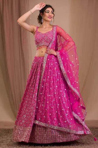 Pink Designer Georgette Sequins Embroidery Work Lehenga with Blouse and Net Dupatta