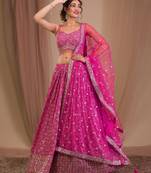 Pink Designer Georgette Sequins Embroidery Work Lehenga with Blouse and Net Dupatta