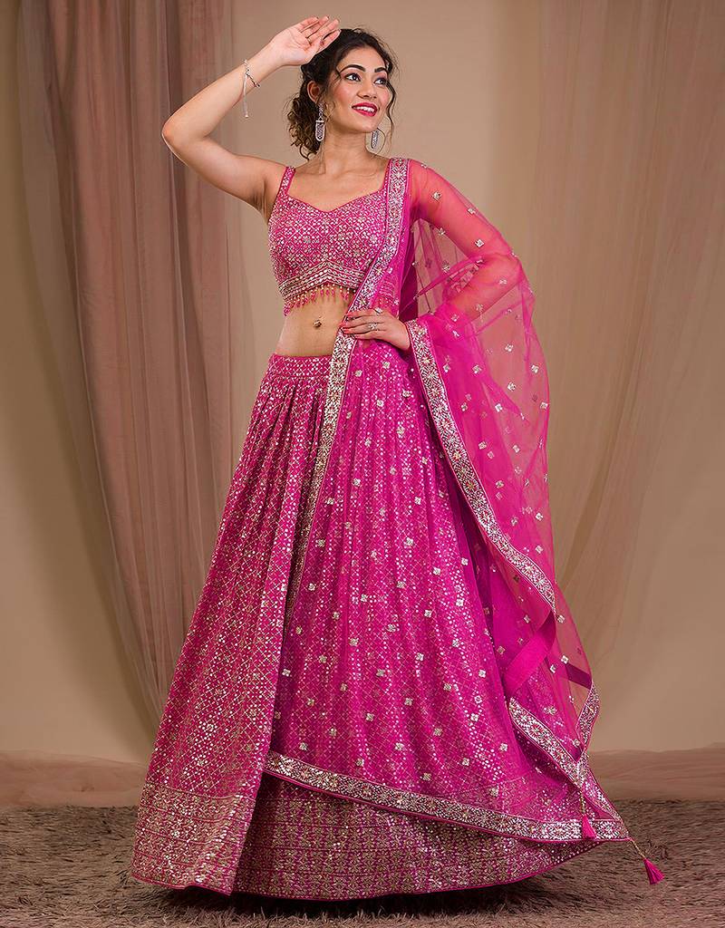 Pink Designer Georgette Sequins Embroidery Work Lehenga with Blouse and Net Dupatta