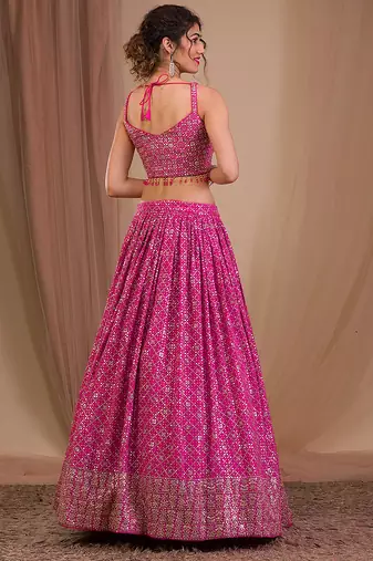 Pink Designer Georgette Sequins Embroidery Work Lehenga with Blouse and Net Dupatta