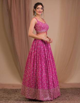 Pink Designer Georgette Sequins Embroidery Work Lehenga with Blouse and Net Dupatta 3