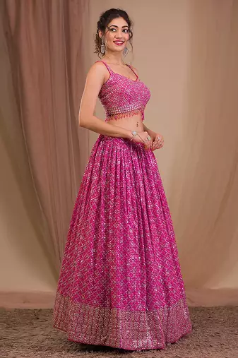 Pink Designer Georgette Sequins Embroidery Work Lehenga with Blouse and Net Dupatta