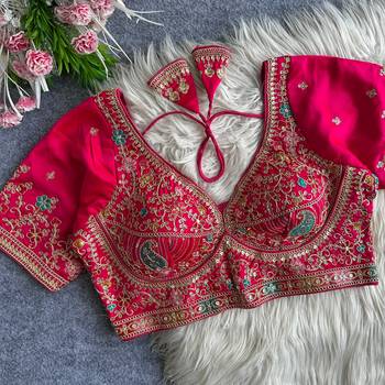 Rani pink heavy embroidered silk blend bridal blouse 1