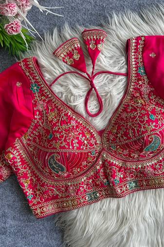Rani pink heavy embroidered silk blend bridal blouse