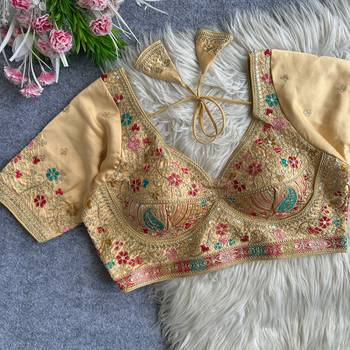 Beige heavy embroidered silk blend bridal blouse 1