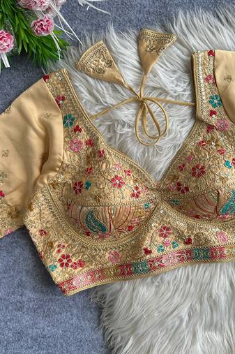 Beige heavy embroidered silk blend bridal blouse