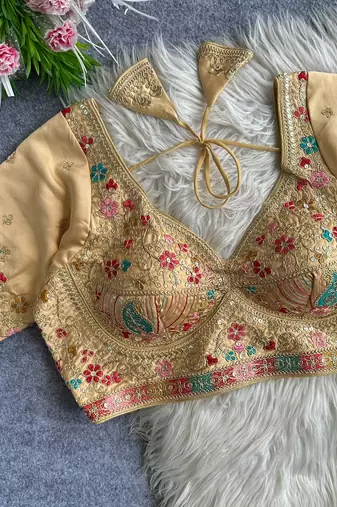 Beige heavy embroidered silk blend bridal blouse