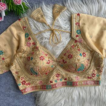 Beige heavy embroidered silk blend bridal blouse 2