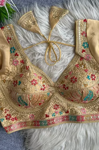 Beige heavy embroidered silk blend bridal blouse