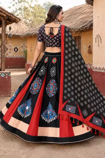 Navratri Ajrakh Print Rayon Lehenga Choli & Blouse With Dupatta