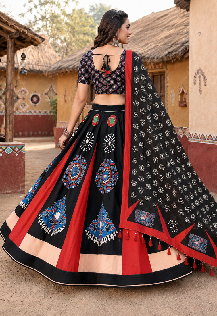 Navratri Ajrakh Print Rayon Lehenga Choli & Blouse With Dupatta