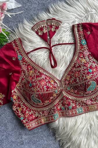 Red heavy embroidered silk blend bridal blouse