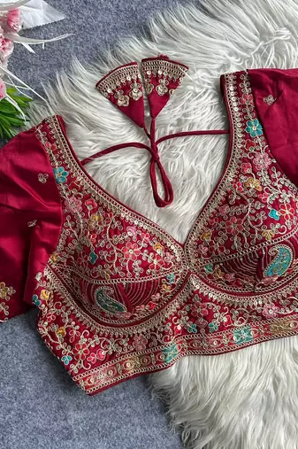 Red heavy embroidered silk blend bridal blouse