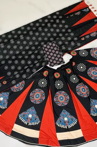 Navratri Ajrakh Print Rayon Lehenga Choli & Blouse With Dupatta