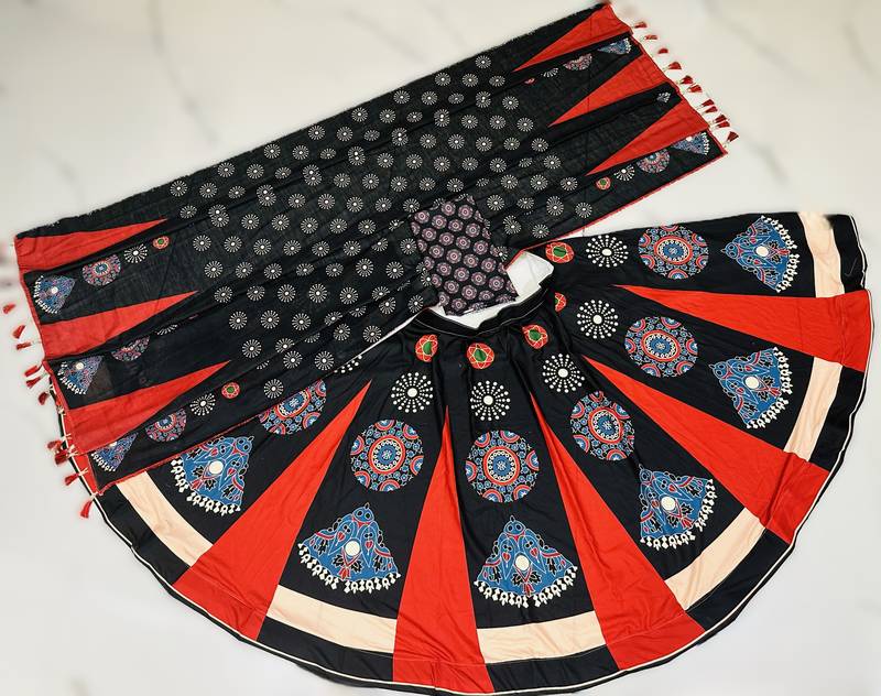 Navratri Ajrakh Print Rayon Lehenga Choli & Blouse With Dupatta