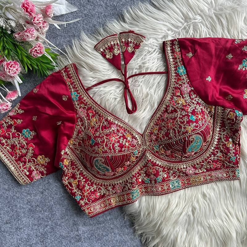 Red heavy embroidered silk blend bridal blouse