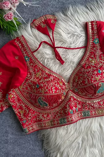 Red heavy embroidered silk blend bridal blouse
