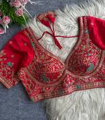 Red heavy embroidered silk blend bridal blouse