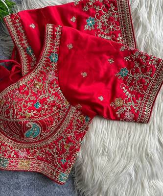 Red heavy embroidered silk blend bridal blouse 2