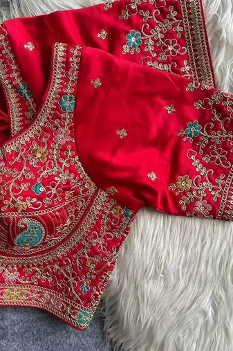 Red heavy embroidered silk blend bridal blouse