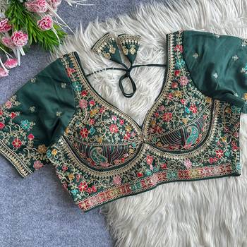 Green heavy embroidered silk blend bridal blouse 1