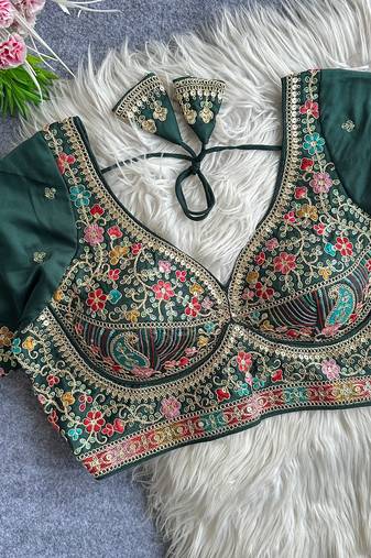 Green heavy embroidered silk blend bridal blouse