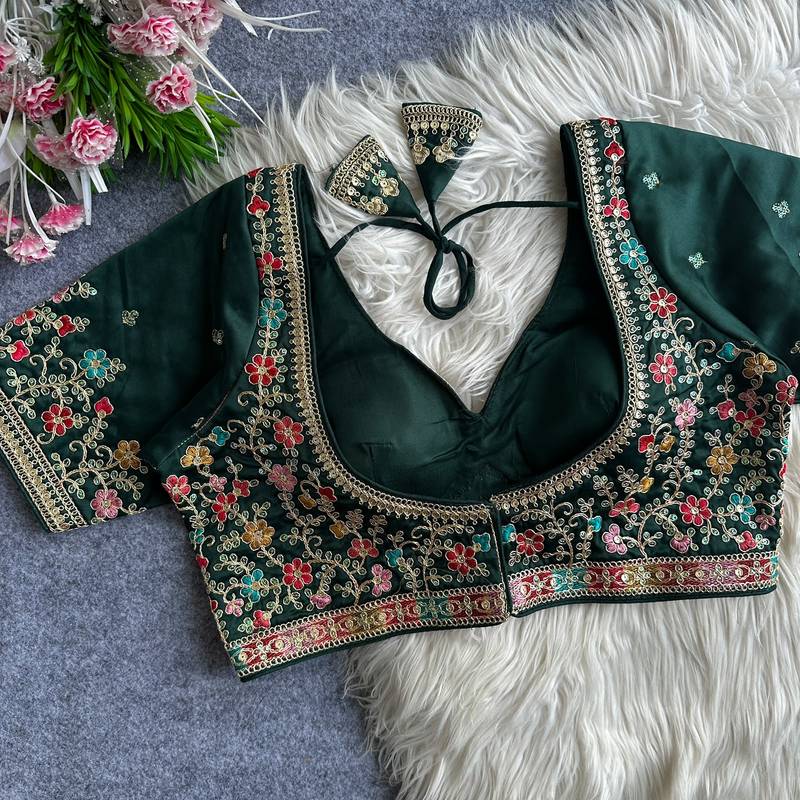 Green heavy embroidered silk blend bridal blouse