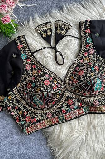 Blackheavy embroidered silk blend bridal blouse