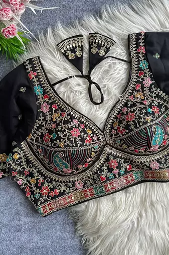 Blackheavy embroidered silk blend bridal blouse