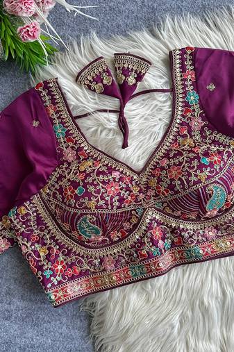 Plum heavy embroidered silk blend bridal blouse