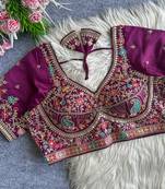 Plum heavy embroidered silk blend bridal blouse