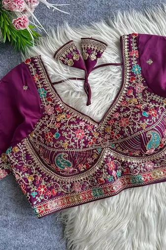 Plum heavy embroidered silk blend bridal blouse
