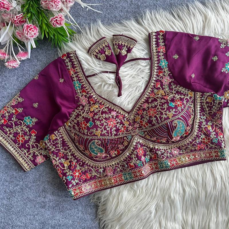 Plum heavy embroidered silk blend bridal blouse