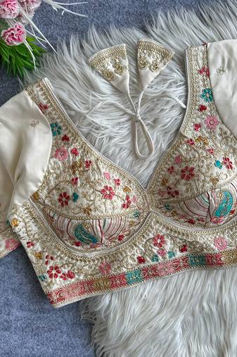 White heavy embroidered silk blend bridal blouse
