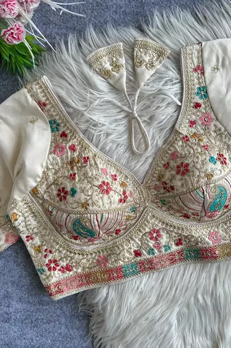 White heavy embroidered silk blend bridal blouse