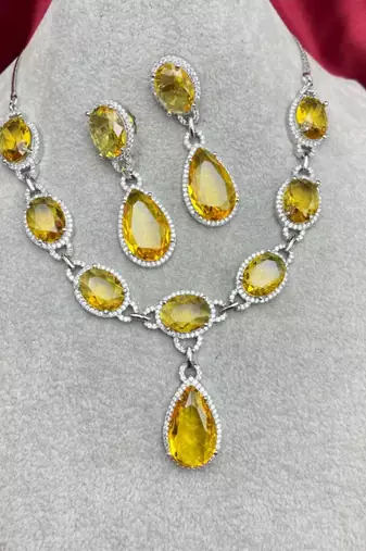 yellow gemstone necklace and earrings set | silver plated cubic zirconia jewellery